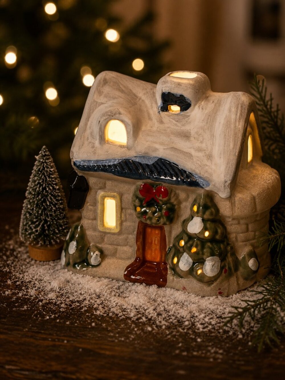 Vintage Ceramic Christmas Cottage Tealight Holder